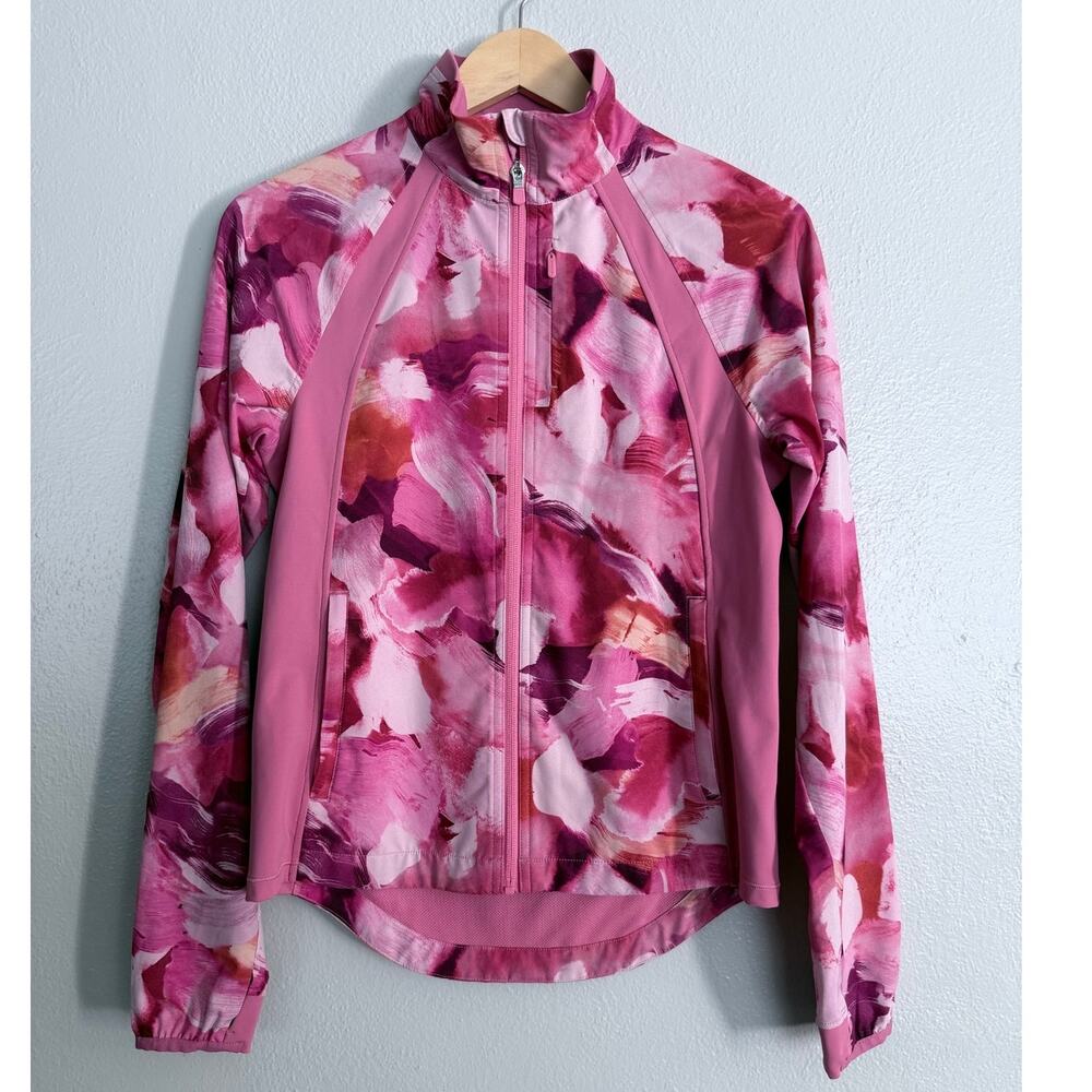 ATHLETA Run with It pink orange painted energy abstract zip up athletic jacket - Picture 2 of 11